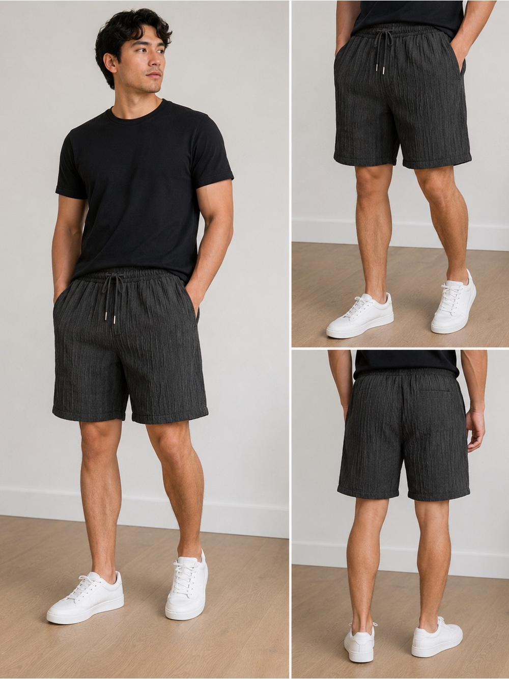 Manfinity Black Crinkle Texture Drawstring Shorts XL Elastic Waist
